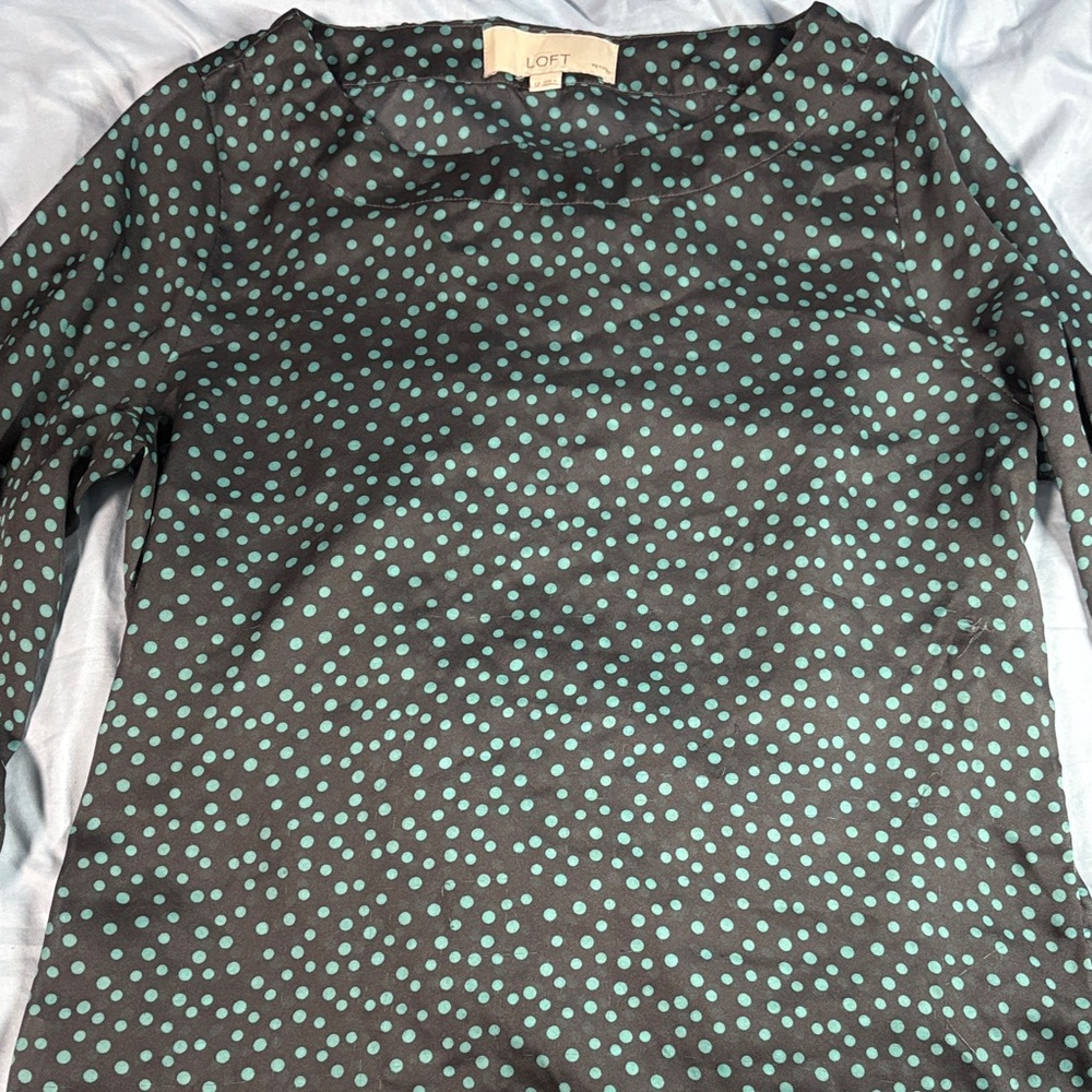 LOFT Black Blouse with Green Polka Dots